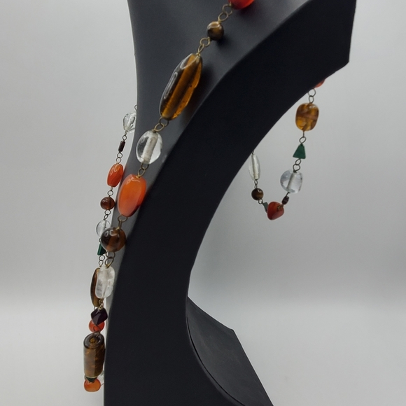 Stone & Glass Beaded Necklace Chain Link Artisan Vintage 33" L Malachite Quartz - Picture 6 of 9